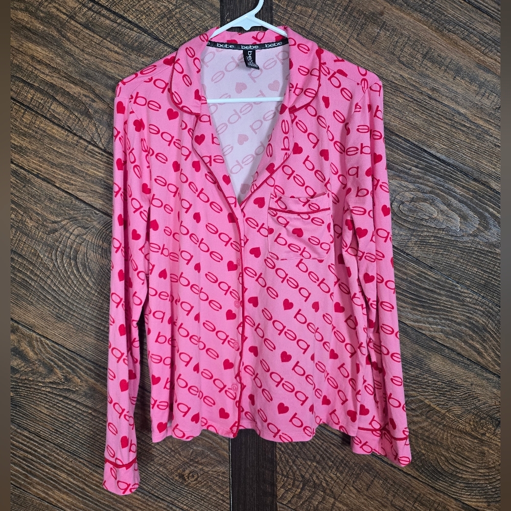 bebe Pink Heart Logo Super Soft Button Down Pajama Top Medium